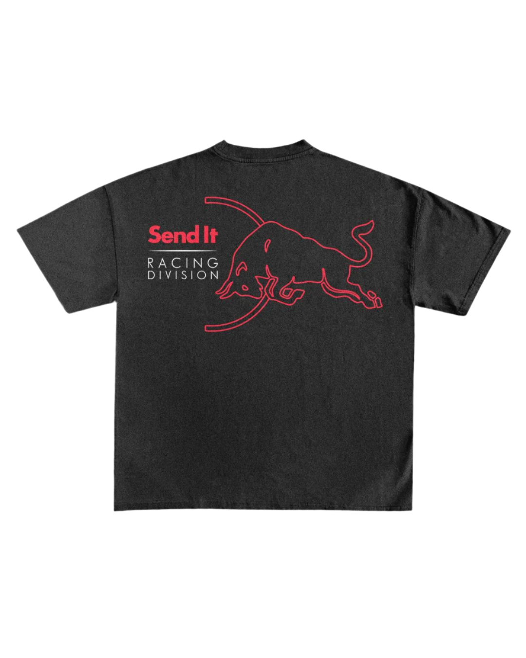 Black t-shirt with red graphic and text on a white background