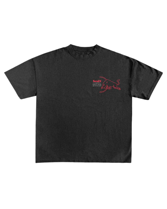 Black t-shirt with a red logo on a white background