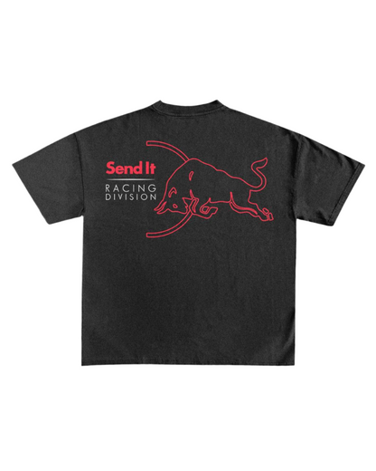 Black t-shirt with red graphic and text on a white background